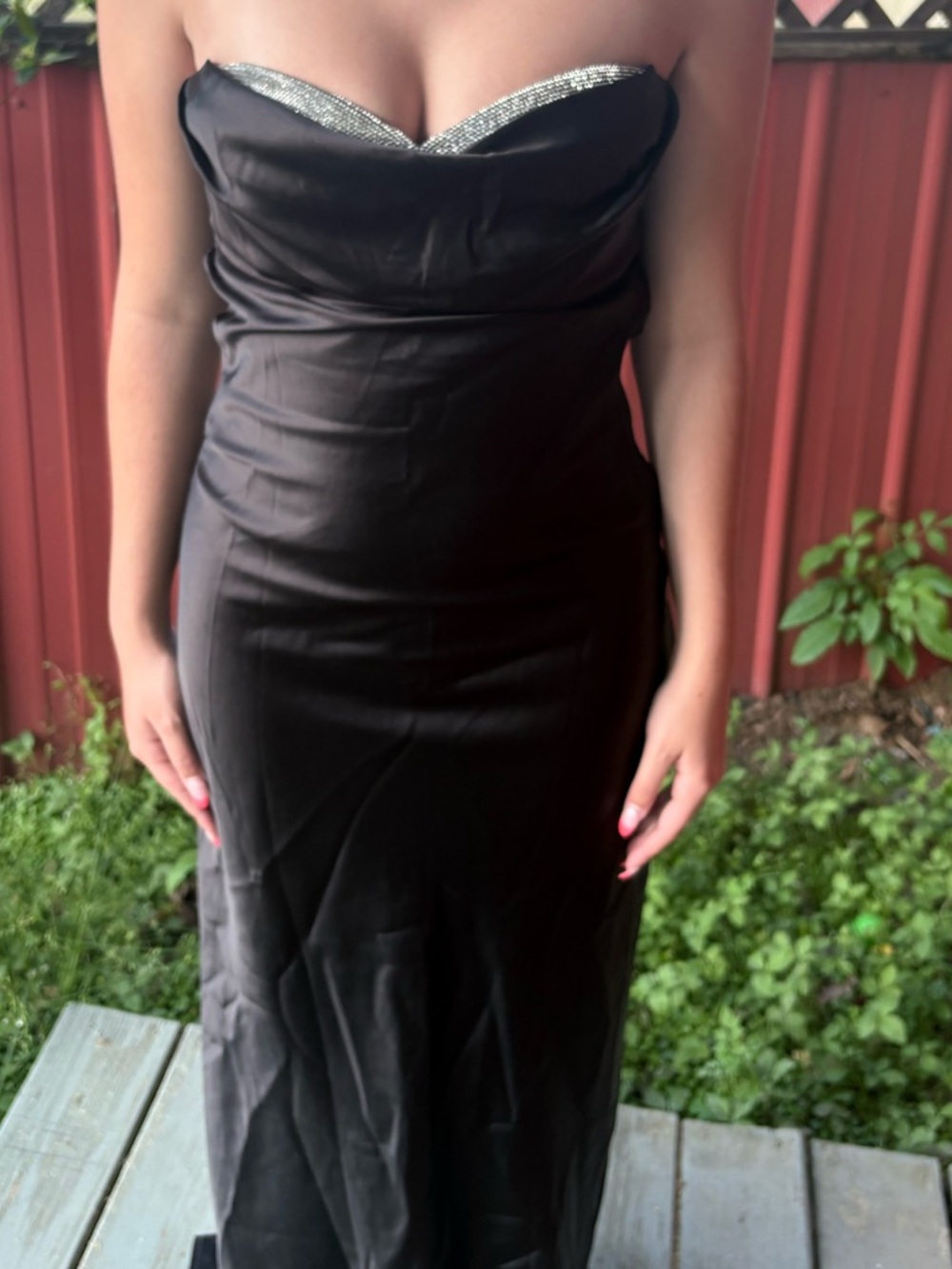Strapless Black Evening Gown with Silver Trim